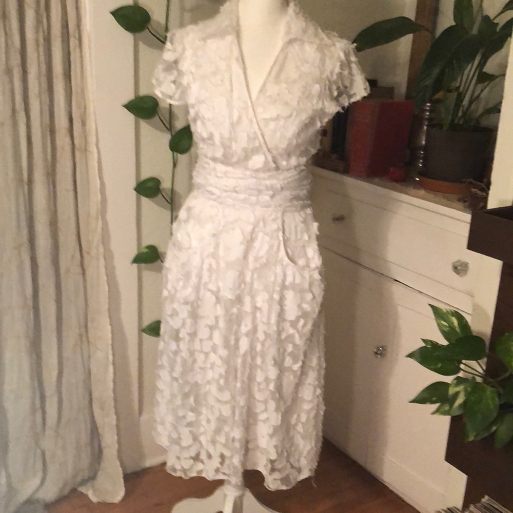 ABS by Allen Schwartz sheer floral cut out wrap front dress